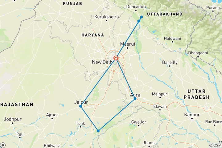 Carte du circuit Triangle d'or avec Ranthambore - Safari dans la jungle et Rishikesh spirituelle