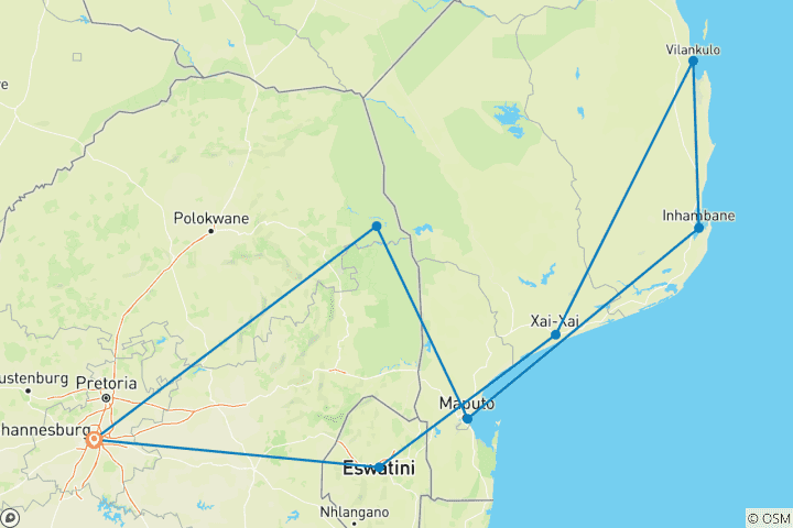 Map of Kruger & Mozambique 2026 - Comfort Small Group Tour