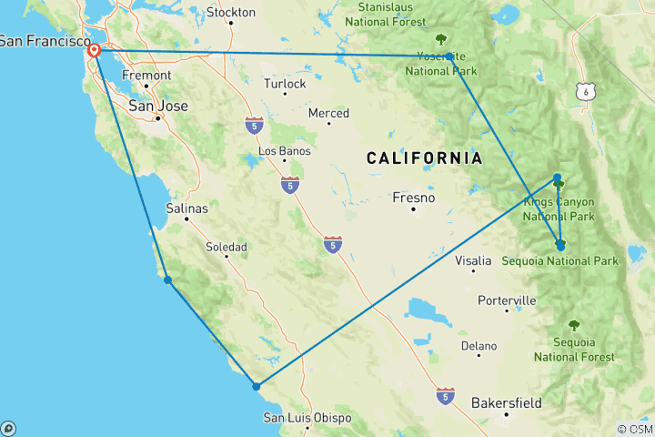 Carte du circuit Yosemite, Sequoia et côte californienne