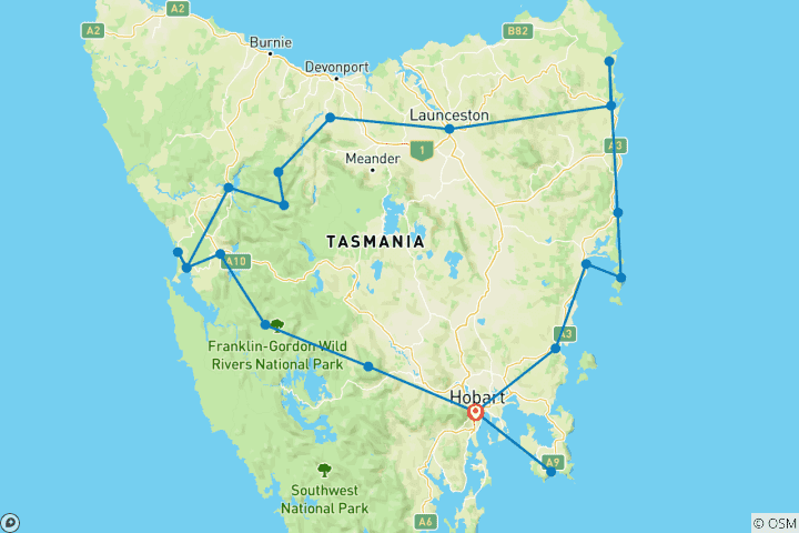 Carte du circuit Super 7 - Circuit de sept jours en Tasmanie