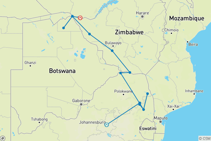 Kaart van Van Jo'burg naar de Victoriawatervallen – 12 dagen