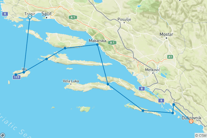 Carte du circuit Collection de croisières « Southern Pearls » (de Trogir à Dubrovnik)