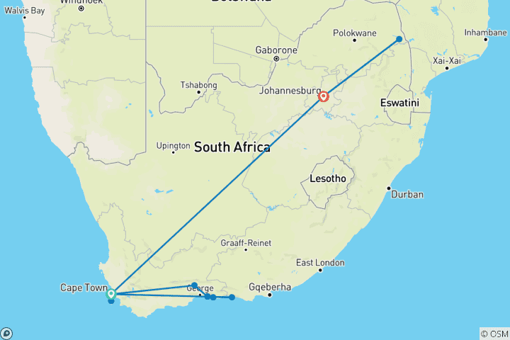 Carte du circuit 11 jours - Le Cap, la Route des Jardins et le Kruger
