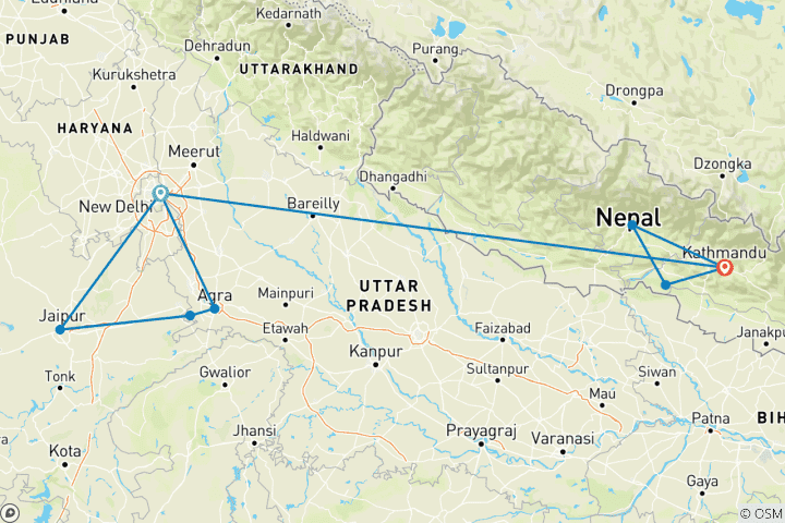 Carte du circuit Aperçu de l'Inde incroyable et du Népal magique