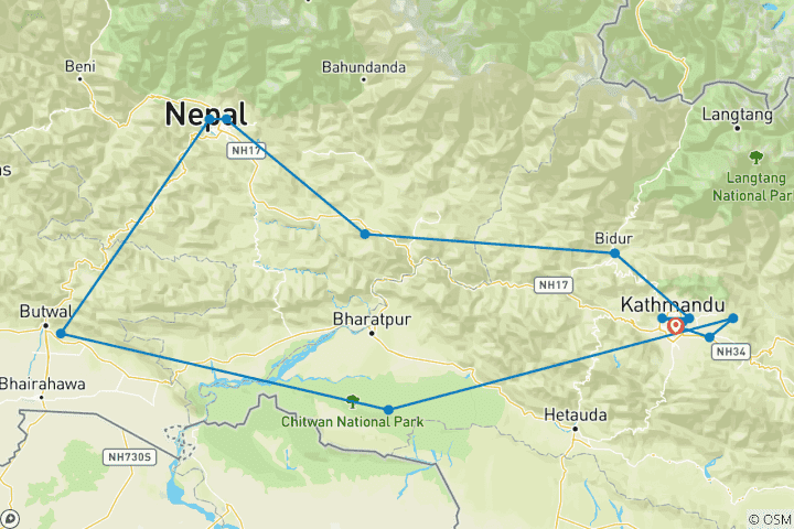 Map of 12 Days Glorious Nepal Package