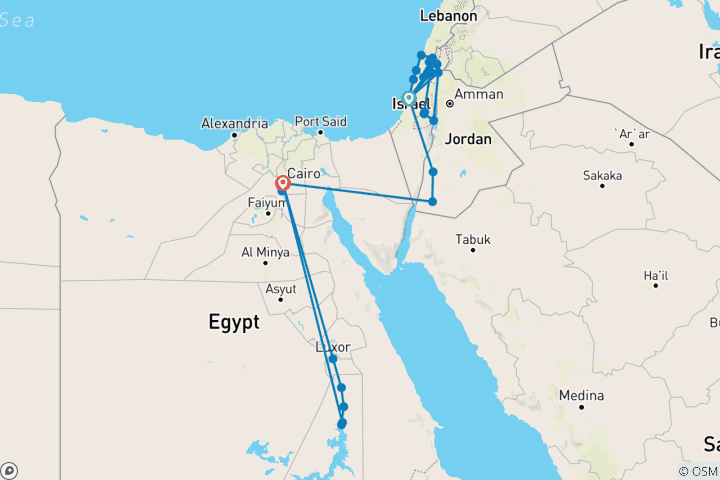 Carte du circuit Israël, Jordanie et Égypte avec croisière sur le Nil 14 jours