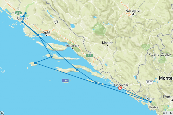 Carte du circuit Croatie et Monténégro - L'Adriatique, ses îles enchanteresses et l'estuaire de Kotor (croisière de port à port)
