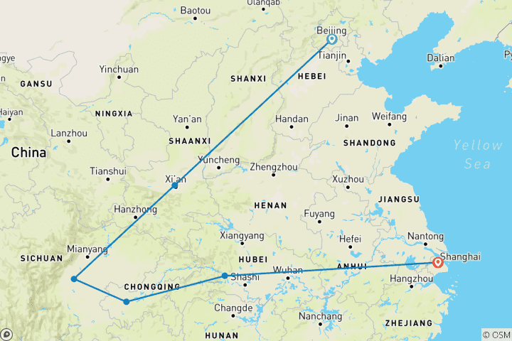 Carte du circuit Voyage de deux semaines en Chine : petit groupe et hôtels de luxe, tout compris