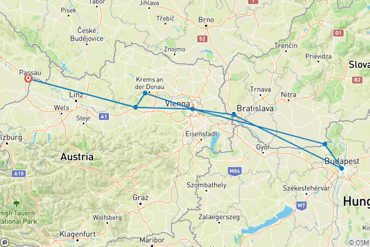 Carte du circuit Le magnifique Danube bleu, de Passau à Budapest (croisière de port à port)