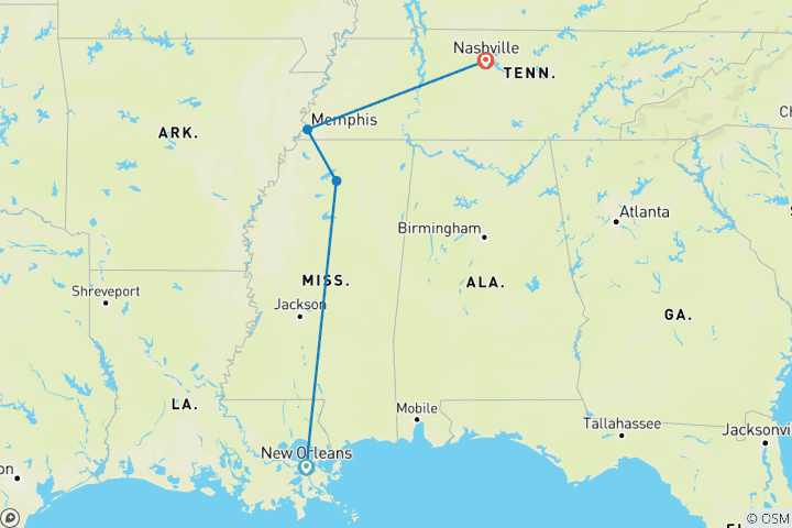 Map of America's Music Cities Holiday featuring New Orleans, Memphis & Nashville (New Orleans, LA to Nashville, TN) (2026)