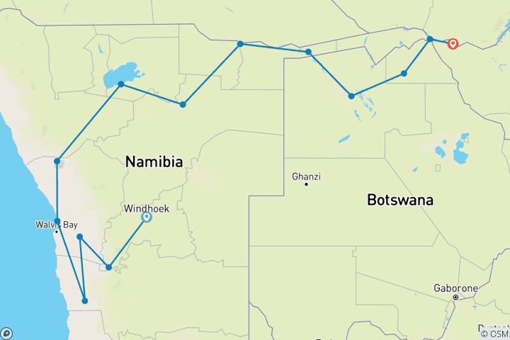 Karte von Windhoek nach Vic Falls Elefantenroute