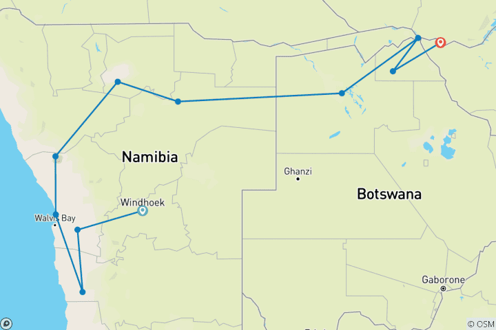 Carte du circuit De Windhoek à Vic Falls, la route des éléphants
