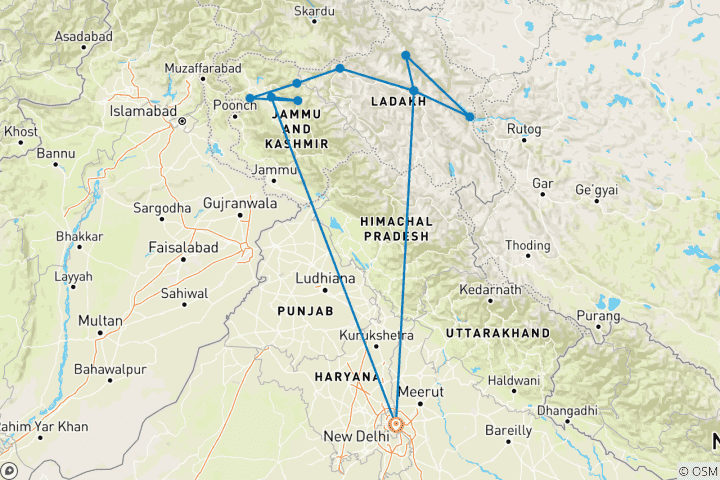 Carte du circuit Cachemire pittoresque et Leh et Ladakh mystiques
