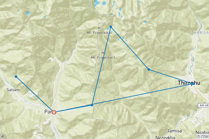Carte du circuit Trek du Druk Path au Bhoutan : 8 jours de Paro à Thimphu, avec des lacs alpins