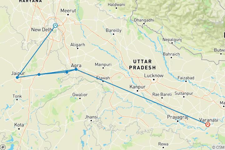 Carte du circuit Circuit haut de gamme « Triangle d'Or » et Varanasi sacrée, en avion et dans des hôtels 4 étoiles – 8 jours