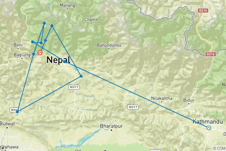 Mapa de Circuito al campamento base del Annapurna