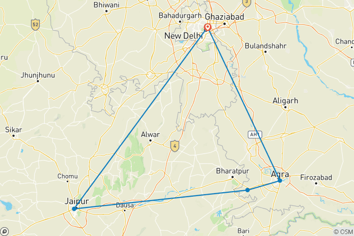 Carte du circuit Circuit privé de luxe de 3 jours du Triangle d'Or à Agra et Jaipur depuis New Delhi
