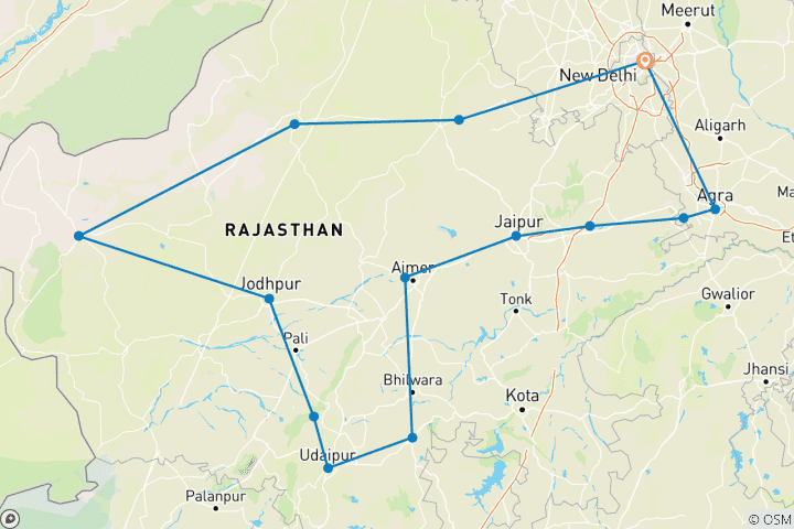 Carte du circuit Circuit royal au Rajasthan avec hôtels-boutiques (Delhi, Mandawa, Bikaner, Jaisalmer, Jodhpur, Udaipur, Pushkar, Jaipur, Agra, Delhi)