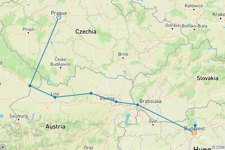Carte du circuit Prague classique et marchés de Noël sur le Danube 2026