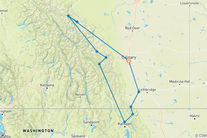 Carte du circuit Le parc national des Glaciers et les Rocheuses canadiennes