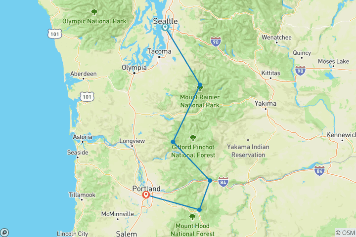 Carte du circuit Du Mt Rainier au Mt Hood