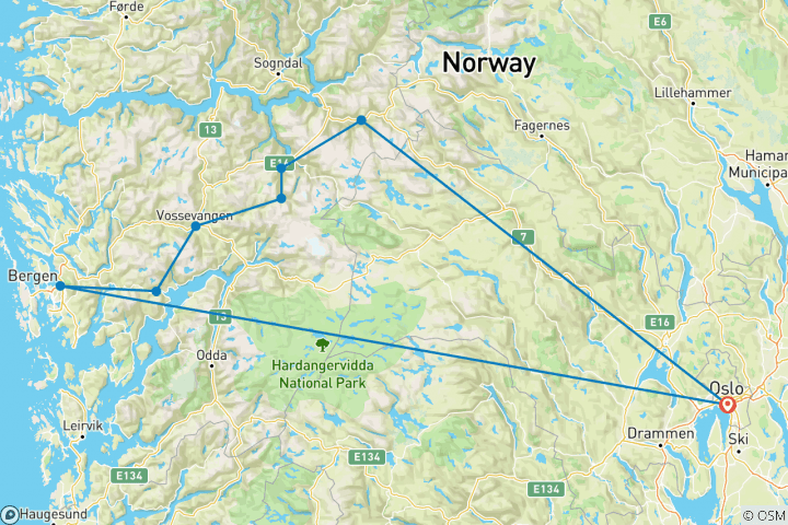 Carte du circuit Le meilleur de la Norvège avec retour à Oslo