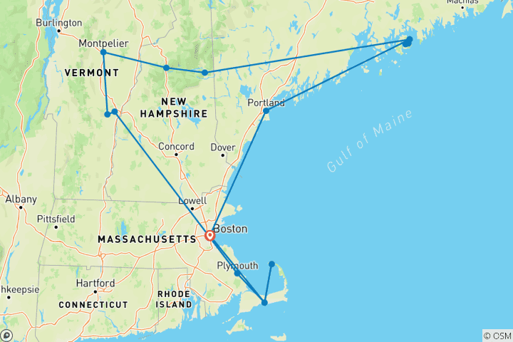 Carte du circuit La Nouvelle- Angleterre classique (16 destinations)
