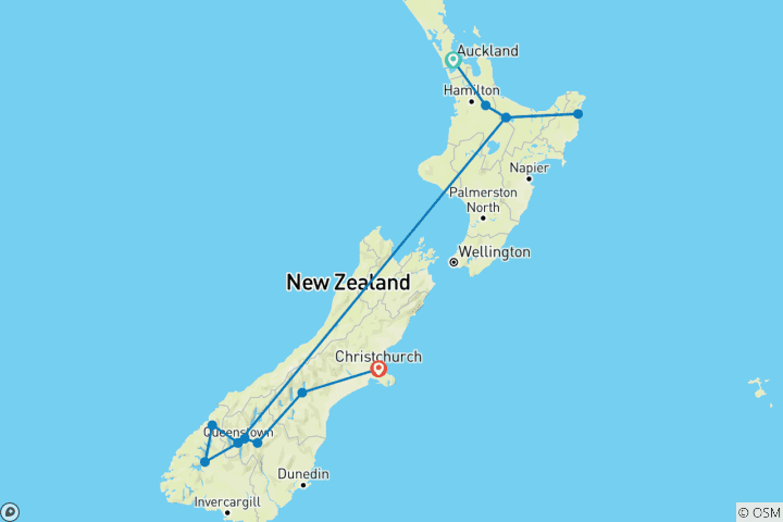 Carte du circuit Contrastes de la Nouvelle-Zélande