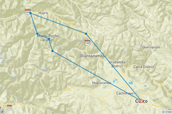 Carte du circuit Trek dans la jungle inca jusqu'à Machu Picchu, visite de la prison inca et du café - vélo, rafting, tyrolienne