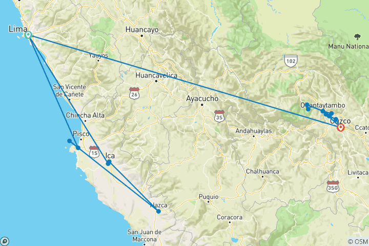 Map of Peru Classic 7D-6N ( Lima, Nazca, Paracas, Cusco, City tour, Sacred valley, Machu Picchu )