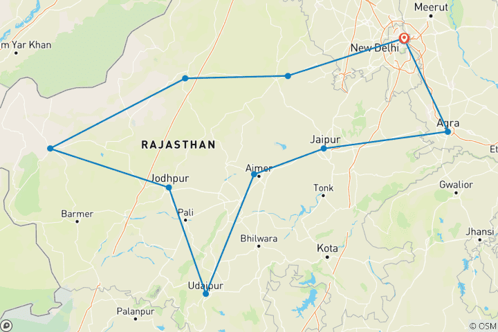 Kaart van 15 Dagen/14 Nachten Rajashthan Tour