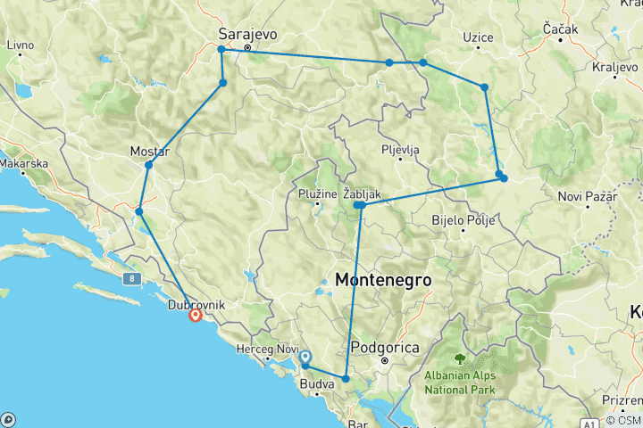 Carte du circuit Voyage dans les Balkans