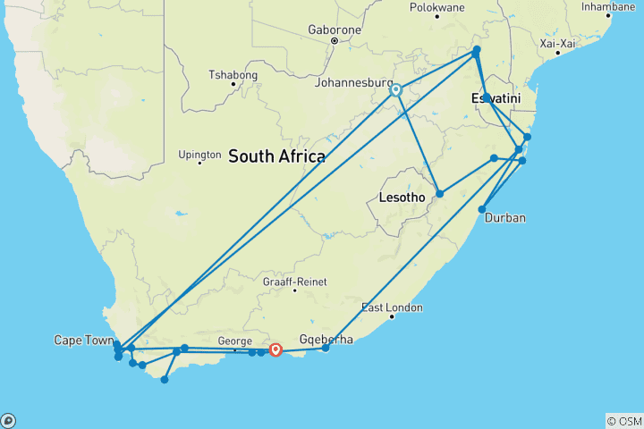 Carte du circuit Kruger, Eswatini et la Route des jardins d'Afrique du Sud