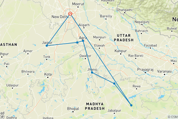 Map of Golden Triangle Tour with Bandhavgarh