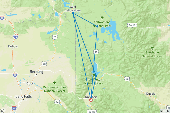 Karte von Winter Grand Teton & Yellowstone 4 Tage Reise