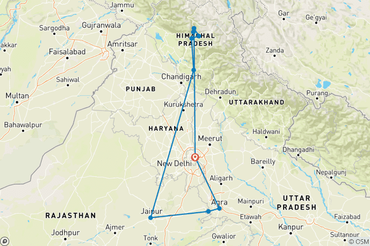 Map of Golden Triangle Tour with Shimla and Manali