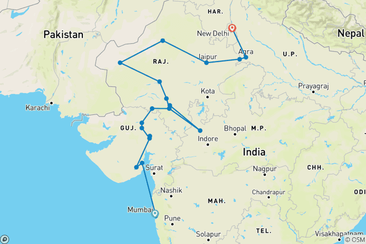 Karte von Gujarat mit Rajasthan Rundreise