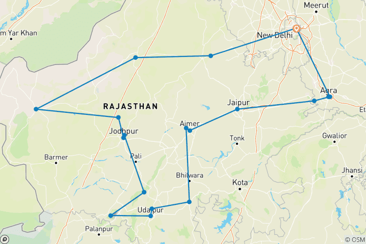 Carte du circuit Incroyable Rajasthan avec visite du Taj Mahal