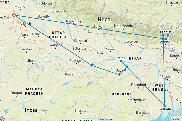 Carte du circuit Temple bouddhiste avec circuit en Inde du Nord- Est