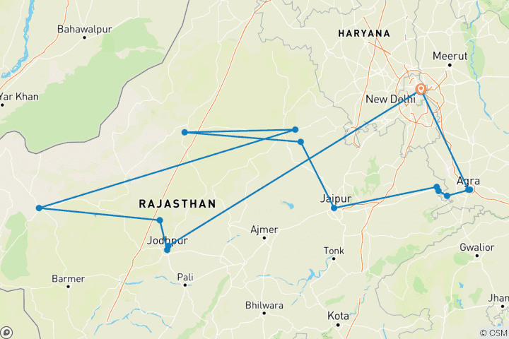 Kaart van Kameeltocht in Rajasthan met Delhi en Agra