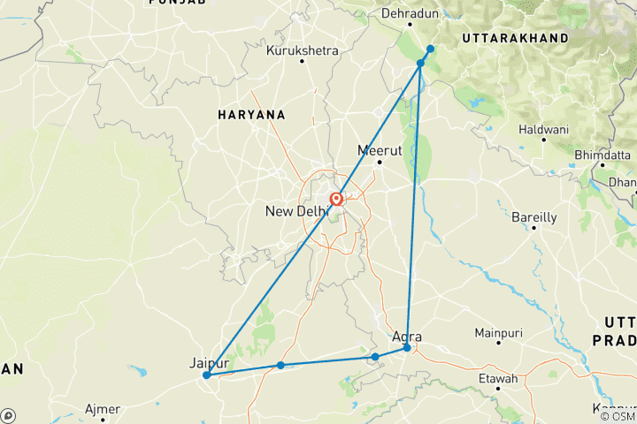 Carte du circuit Yoga, Ganga et Tajmahal - Triangle d'or avec Haridwar et Rishikesh !