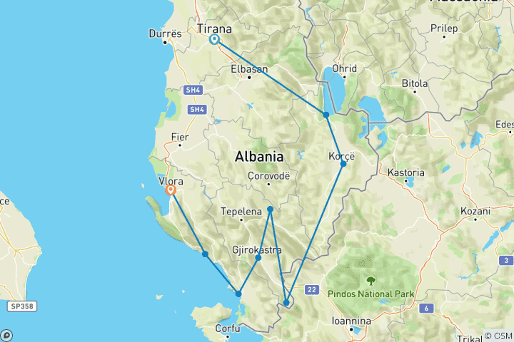 Map of Cycle Tour In Albania - UNESCO 10 Day Tour