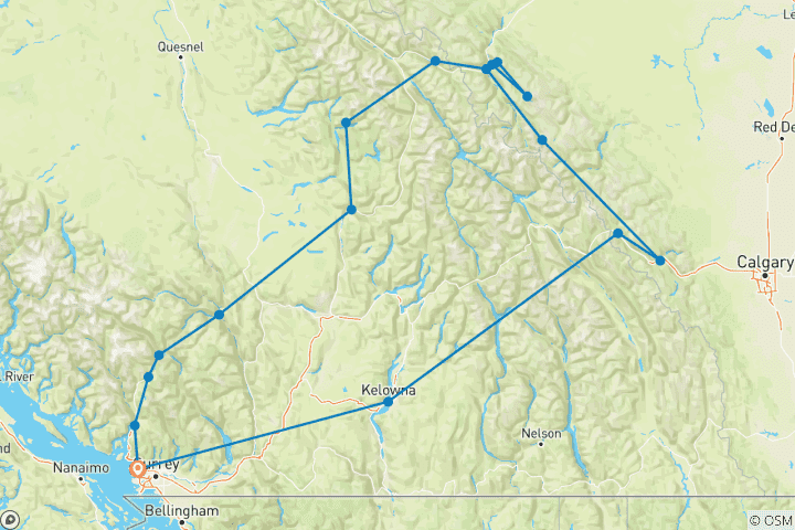 Carte du circuit Les sites emblématiques des Rocheuses de l'Ouest canadien : circuit de 8 jours