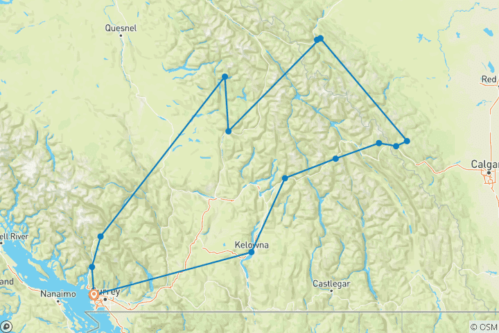 Carte du circuit Les sites emblématiques des Rocheuses de l'Ouest canadien : circuit de 8 jours