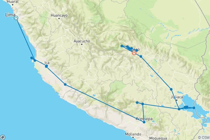 Map of The Best of Southern Peru + Ballestas Islands, Ica - Huacachina Oasis & Nazca: Budget