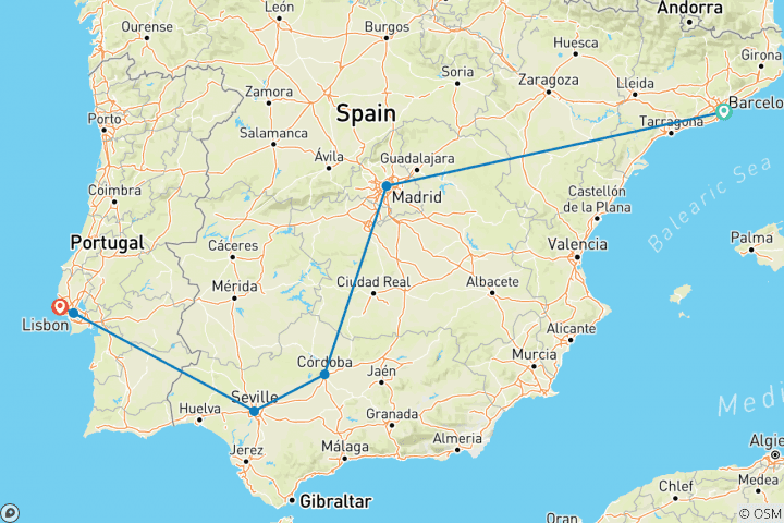 Carte du circuit Vacances en train pour célibataires en Espagne - Vacances pour célibataires dans les années 40 - 50 et 60