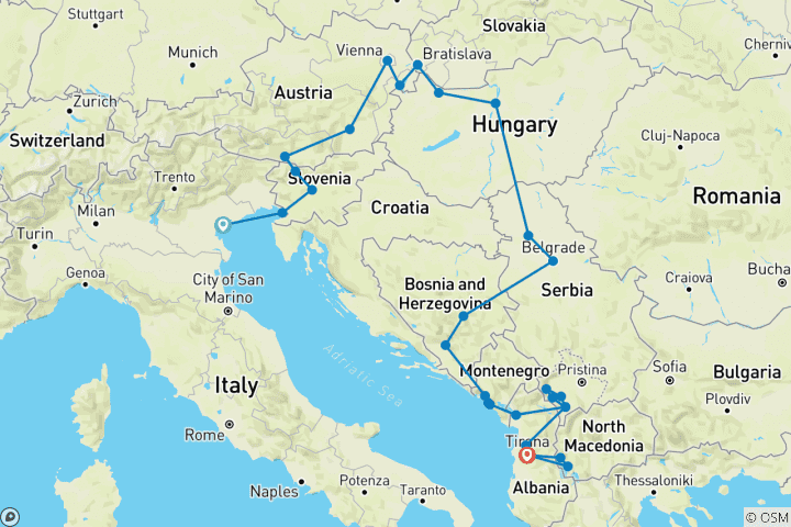Carte du circuit De Venise à Tirana, visite semi-privée de l'Europe centrale et des Balkans