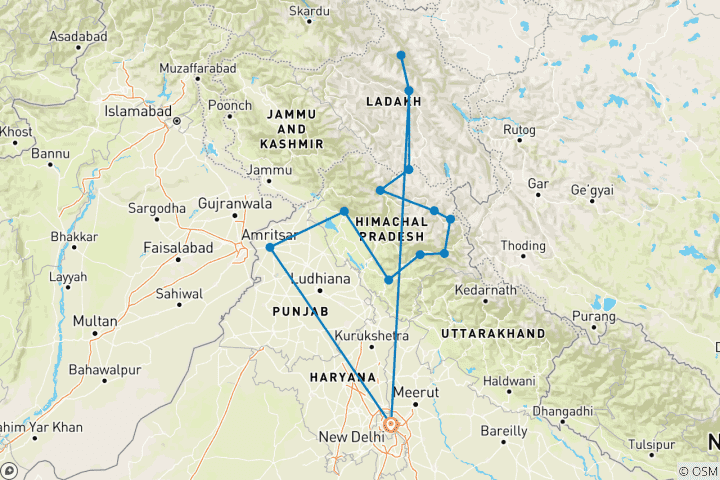 Carte du circuit 24 jours - Amritsar, Dharamshala, Shimla, Spiti et Ladakh