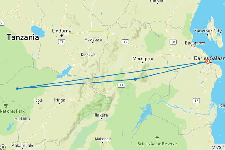 Mapa de Safari de 5 días y 4 noches a Mikumi y Ruaha Wildlife Lodge