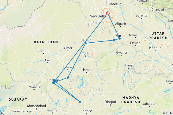 Map of 9 Days New Delhi Agra Jaipur tour with Udaipur - 4 Star Hotels
